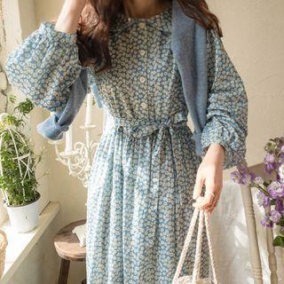Tie-waist Floral Long Shirtwaist Dress