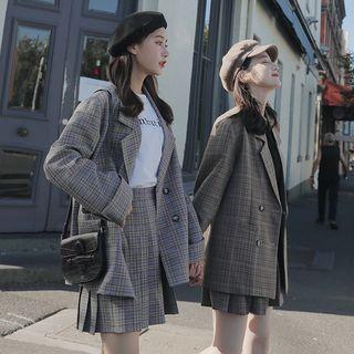 Set: Plaid Double-breasted Blazer + Pleated Skirt