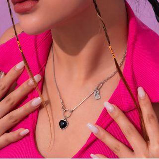Heart Necklace 1pc - 5069 - Black & Silver - One Size