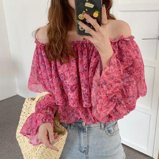 Off-shoulder Flower Print Blouse Rose Pink - One Size