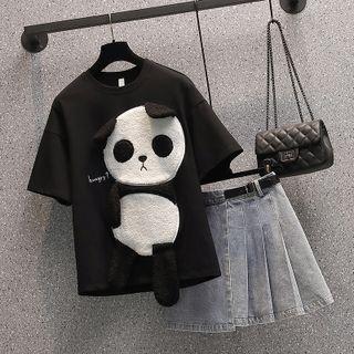 Short-sleeve Panda Embellished T-shirt / Washed Denim Pleated Mini A-line Skirt / Set