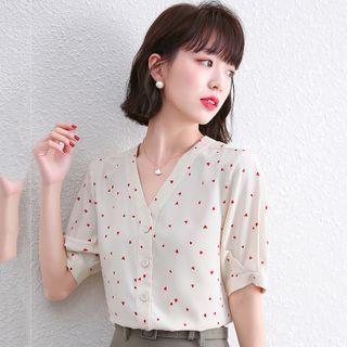 3/4-sleeve Heart Print Button-up Blouse