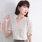 3/4-sleeve Heart Print Button-up Blouse
