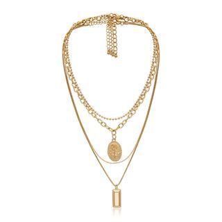 Set: Alloy Embossed Rose Pendant Necklace + Choker 0385 - Gold - One Size
