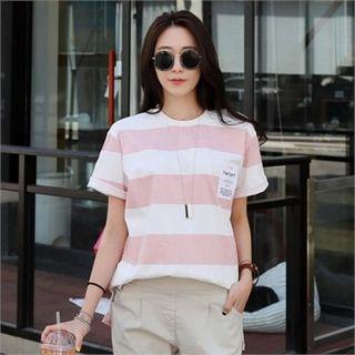 Lettering-label Striped T-shirt