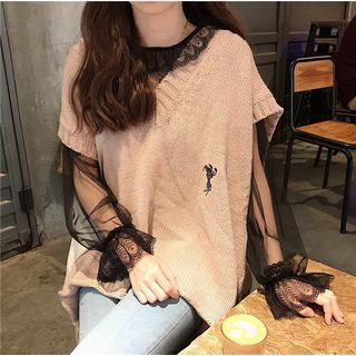 Embroidered Knit Vest / Long-sleeve Lace Panel Mesh Top