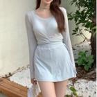 Long-sleeve Twist Crop Top / Mini A-line Skirt