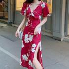 Short-sleeve Floral Midi A-line Dress Red - One Size