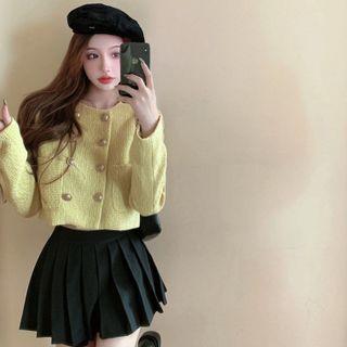 Double-breasted Cardigan / Pleated Mini A-line Skirt
