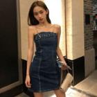 Spaghetti-strap Chain Panel Denim Dress