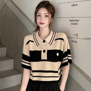 Striped Knit Cropped Polo Shirt Striped - Black & Almond - One Size