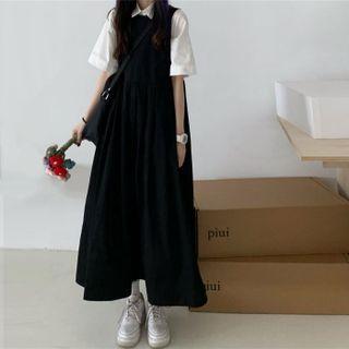Elbow-sleeve Shirt / Midi A-line Overall Dress