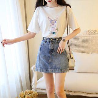 Short-sleeve Rabbit Print T-shirt / Mini Denim Skirt