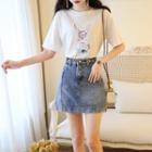 Short-sleeve Rabbit Print T-shirt / Mini Denim Skirt