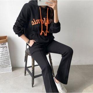 Fleece Lined Set: Letter Print Hoodie + Boot-cut Pants