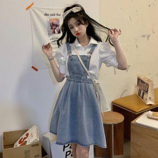 Short-sleeve Shirt / Washed Denim A-line Overall Dress