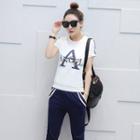 Set: Striped Trim Short-sleeve T-shirt + Cropped Sweatpants