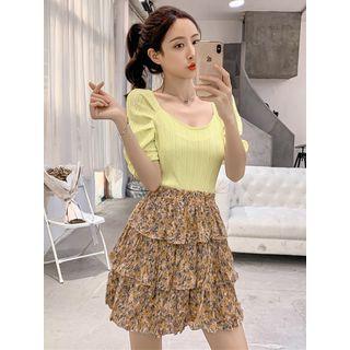 Set: Puff-sleeve Top + Floral Print Tiered Mini Skirt