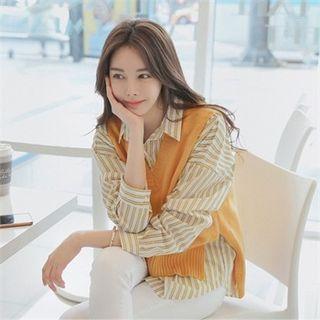Set: Colored Knit Top + Striped Shirt