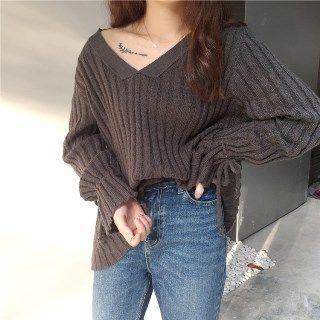 Gather-cuff V-neck Plain Sweater