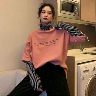 Lettering Mock Two-piece Turtleneck Long-sleeve T-shirt