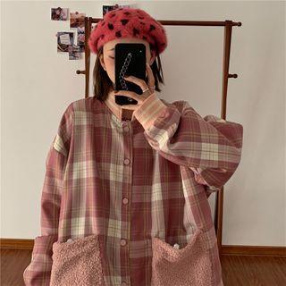 Reversible Plaid Panel Contrast Line Letter Lambswool Baseball Jacket