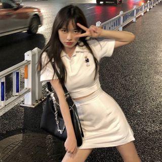 Set: Short-sleeve Bear Embroidered Polo Shirt + A-line Skirt