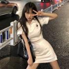Set: Short-sleeve Bear Embroidered Polo Shirt + A-line Skirt