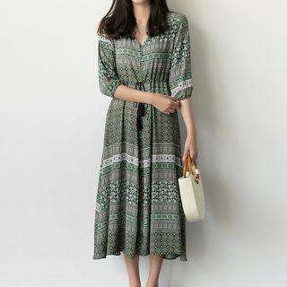 Drawstring-waist Pattern Midi Dress