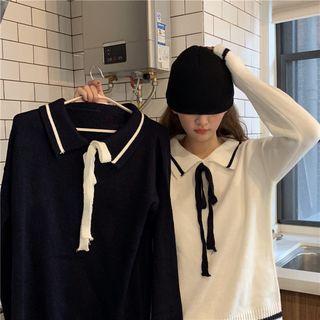 Striped Collar Lace-up Knit Top