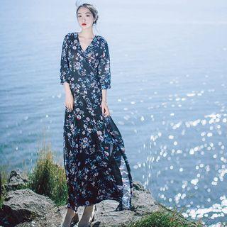 Floral Print 3/4 Sleeve Chiffon Slit Maxi Dress