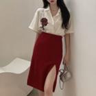 Elbow-sleeve Rose Print Shirt / Slit Pencil Skirt