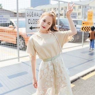 Set: Short-sleeve Long T-shirt + Lace Skirt