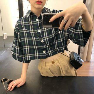 Plaid Elbow-sleeve Shirt Green - One Size
