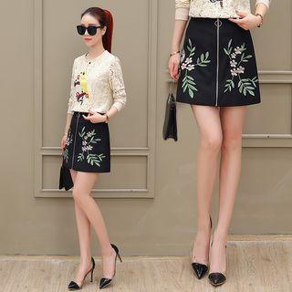 Floral Embroidered Tie-waist A-line Mini Skirt