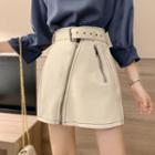 Contrast Trim Stitching Faux Leather Mini A-line Skirt