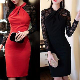 Lace Panel Long-sleeve Cutout Sheath Dress