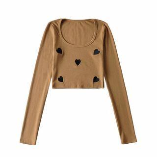 Long-sleeve Scoop-neck Heart Embroidered Cropped T-shirt