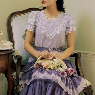 Short-sleeve Lace Panel Top / Layered Midi A-line Skirt