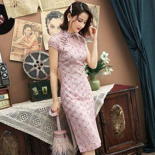 Floral Lace Cap-sleeve Slit Midi Qipao