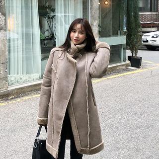 Buckled-neck Faux-suede Coat Cocoa - One Size
