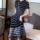 Striped Mesh Panel Short-sleeve Knit Midi A-line Dress