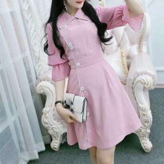 Elbow-sleeve Button-up Mini A-line Dress