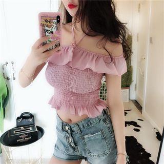 Frilled Off-shoulder Halter T-shirt