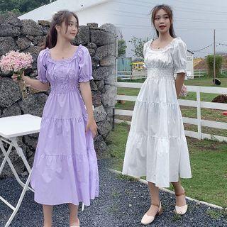 Puff-sleeve Tiered Midi A-line Dress