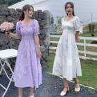 Puff-sleeve Tiered Midi A-line Dress
