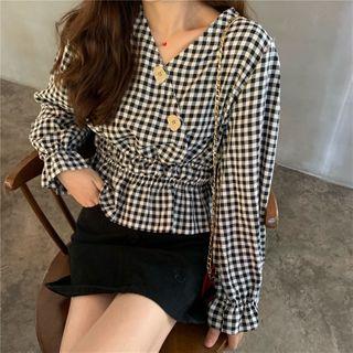 Plaid Bell-sleeve Peplum Blouse