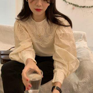 Long-sleeve Embroidered Blouse Almond - One Size