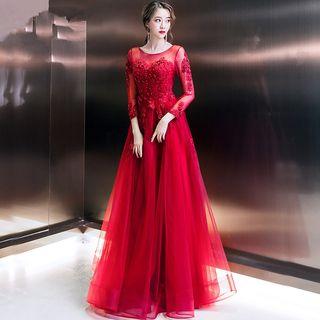 Floral Embroidered 3/4 Sleeve Evening Gown