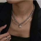 Rectangle Rhinestone Pendant Layered Alloy Necklace Silver - One Size